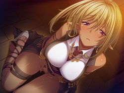 blonde_hair breasts censored dark-skinned_female dark_skin darklord_(game) earrings feet female game_cg highres kneeling large_breasts legs looking_at_viewer natsuhiko no_panties pointy_ears purple_eyes sandals short_hair solo sweat thighs toes