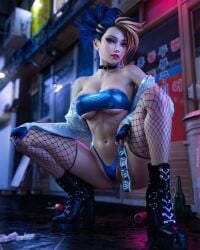 1girls akali big_breasts blonde_hair blue_eyes blue_hair boots choker condom detailed_background earrings eyeshadow female female_only fishnet_legwear fishnets gloves highres k/da_all_out_akali k/da_all_out_series league_of_legends light-skinned_female light_skin lipstick looking_at_viewer makeup medium_hair multicolored_hair outdoors panties parted_lips slim solo squatting therealzoh