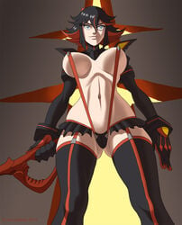 1girls 2014 black_hair blue_eyes female garter_straps gloves hourglass_figure iron-dullahan kill_la_kill matoi_ryuuko midriff navel scissor_blade senketsu short_hair skirt sling_bikini smile solo standing suspenders thigh_boots thong two_tone_hair underboob weapon