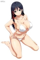 amagami-san_chi_no_enmusubi amagami_yae arm_under_breasts armpits bare_arms bare_belly bare_legs bare_shoulders bare_thighs barefoot belly_button bikini black_hair breasts cleavage closed_mouth collarbone feet green_eyes hand_on_own_ass huge_breasts long_hair megami_magazine official_art sideboob smile thighs toes white_bikini