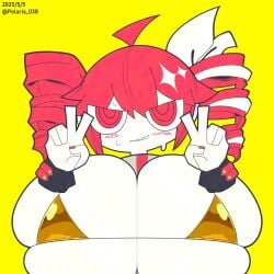 1girls accurate_art_style ahoge bikini blush double_v drill_hair female female_only fumble!_(synthesizer_v) gigantic_breasts gold_bikini grey_jacket hairbow kasane_teto kasane_teto_(sv) mv_character nail_polish polaris_038 red_eyes red_hair red_nails sharp_teeth simple_background skindentation solo solo_female streaked_hair sweat synthesizer_v teeth twin_drills utau white_bow white_hair yellow_background yellow_bikini