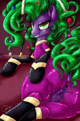 2014 anus ass bodysuit candy_cane christmas clothed clothing dimwitdog equine female friendship_is_magic fur green_eyes green_hair hair hasbro holidays horse mammal mane-iac_(mlp) my_little_pony ornament pony power_ponies_(mlp) purple_fur pussy smile solo