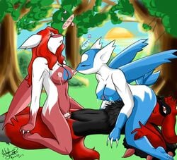 alternate_color anthro anthrofied breasts closed_eyes cum cum_in_pussy cum_inside day erect_nipples exoticlunarwolf female female_latios forest hair heart lactation latias latios male nintendo nipples outdoors penetration penis pokemon pokemon_(species) pussy red_eyes red_hair riolu rule_63 sex straight tongue tongue_out tree vaginal_penetration video_games yuri