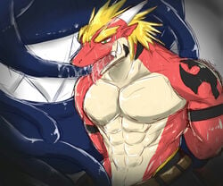 2013 abs anthro belt biceps black_body blonde_hair blush bondage bound clothing delga dragon green_eyes hair hands_behind_back horn kuromaru_(mugen) m.u.g.e.n male male_only muscles open_mouth pants pecs plain_background red_body ryuukikeito saliva scalie sweat tattoo teeth tentacle toned tongue topless video_games white_body