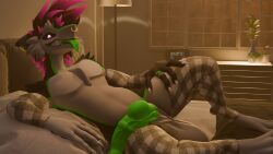 16:9 3d_(artwork) animal_genitalia animal_penis anthro arm_warmers armwear balls bed bedroom big_balls big_penis blender_(artwork) claws clothing digital_media_(artwork) equine_genitalia facial_piercing fur furniture genitals glowing glowing_eyes green_penis hair hi_res huge_balls knot leg_warmers legwear looking_at_viewer lying male mammal nose_piercing nose_ring nude on_bed penis piercing presenting ring_piercing septum_piercing septum_ring sergal smile solo teeth tongue vaquero vaquero_(sergal) vaqueroserg widescreen