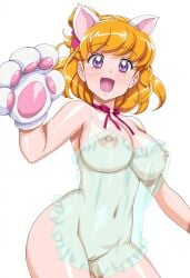 1girls aged_up ai_generated animal_ears asahina_mirai big_breasts blonde_hair breasts cat_ears cat_paws female functionally_nude gizzen2001 light-skinned_female light_skin mahou_girls_precure! mahou_girls_precure!!_~mirai_days~ naked nipples nude nude_female precure pretty_cure purple_eyes ribbon see-through_clothing solo toei_animation