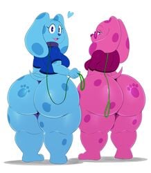 2018 2girls absurdres anthro anthrofied ass ass_focus big_thighs biped blue's_clues blue_(blue's_clues) blue_eyes blue_nose bottomless breasts bubble_butt butt_crack butt_focus canine chubby clothing collar duo eyewear female female_focus female_only furry glasses heart highres huge_butt huge_hips leash looking_at_viewer looking_back magenta_(blue's_clues) mammal nickelodeon open_mouth open_smile pawprint pink_fur rear_view shirt shortstack simple_background smile spots spotted_fur sssonic2 standing thick_thighs thighs toes voluptuous white_background wide_hips