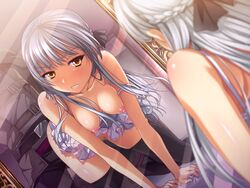 all_fours areolae black_legwear blush breasts censored clenched_teeth darklord_(game) doggy_style embarrassed female game_cg grey_hair highres legs long_hair medium_breasts mirror natsuhiko nipples sex thighs vaginal_penetration yellow_eyes