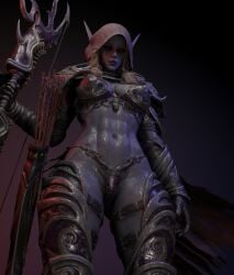 3d_(artwork) abs armor arrow_(weapon) athletic athletic_female athletic_humanoid barely_visible_genitalia barely_visible_pussy bikini_armor black_sclera blizzard_entertainment bow_(weapon) cloak clothing digital_media_(artwork) ears_through_headwear elf female genitals glowing glowing_eyes hi_res high_elf hood humanoid humanoid_pointy_ears navel nipple_outline pointy_ears pussy ranged_weapon red_eyes soboro_(artist) solo sylvanas_windrunner unconvincing_armor undead warcraft weapon wide_hips
