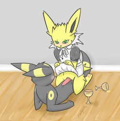 3_toes alcohol barefoot beverage black_fur black_nose blush canine canine_penis clothed clothing cowgirl_position eeveelution erection female feral feral_on_feral freebre fur green_eyes hindpaw holding inside interspecies jolteon knot lifting_skirt looking_down lying maid_uniform male mammal nintendo nude paws penis pink_penis pokemon pokemon_(species) precum pussy pussy_juice rubbing sex simple_background straight umbreon white_fur yellow_fur