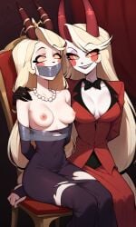 2girls ai_generated bead_necklace bondage bound charlie_morningstar_(hazbin_hotel) demon exposed_breasts female femsub gagged hand_on_shoulder hazbin_hotel horns lilith_morningstar_(hazbin_hotel) mother_and_daughter red_sclera tape_bondage tape_gag taped_mouth torn_clothing