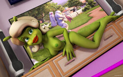 1girls 3d alien alien_girl artist_name bare_shoulders barefoot beauty_mark big_breasts busty curvy detailed_background erect_nipple erect_nipples eyelashes female female_only front_view green_eyes green_skin hourglass_figure humanoid indoors inside kondaspeter lipstick looking_at_viewer lying makeup marilyn_(planet_51) mole naked nude planet_51 pose posing red_lipstick room shadow shiny shiny_skin solo thick_lips voluptuous white_hair wide_hips