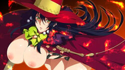 2d 2d_(artwork) black_hair breasts female inverted_nipples kagari_ayaka large_breasts leather_harness leather_straps long_hair tagme witch_craft_works witch_hat yellow_eyes