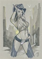 1girls 2013 adjusting_hat anna_marie belt chaps cowboy_hat female female_only marvel monochrome navel outdoors panties rogue_(x-men) solo solo_female two_tone_hair x-men