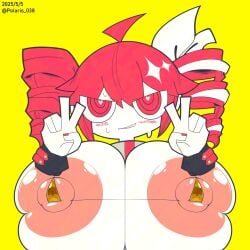 1girls accurate_art_style ahoge areolae bikini blush double_v drill_hair female female_only fumble!_(synthesizer_v) gigantic_breasts gold_bikini grey_jacket hairbow heart-shaped_pupils kasane_teto kasane_teto_(sv) micro_bikini mv_character nail_polish nipples polaris_038 red_eyes red_hair red_nails sharp_teeth simple_background skindentation solo solo_female streaked_hair sweat synthesizer_v teeth twin_drills utau white_bow white_hair yellow_background yellow_bikini