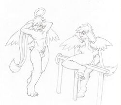 2009 angel anus arms_behind_head ass balls big_ears claws erection eyewear fur furry gay glasses hair halo looking_at_viewer male male_only nipples no_humans nude oonzucht packmind penis pinup plain_background pole pose showing_off sketch solo standing steele_ferrum toe_claws vein white_background wings yaoi