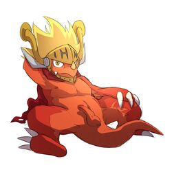 2014 3_toes 496549736_(artist) anthro balls blonde_hair buddyfight cape claws color cute dragon drum_(buddyfight) fangs hair half-erect hand_behind_head helmet horn looking_at_viewer lying male male_only nipples nude on_back penis plain_background red_body red_dragon scalie solo spread_legs spreading yellow_eyes