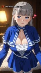 ai_assisted ai_generated bed bedroom belt blue_capelet blue_dress blue_eyes blunt_bangs blush braid breasts capelet cleavage closed_mouth collarbone cross-laced_clothes desk_lamplawine_(sousou_no_frieren) dress female frieren_beyond_journey's_end frilled_capelet frilled_dress frills grey_hair heart indoors lamp large_breasts long_hair long_sleeves looking_at_viewer meitabuu on_bed smile solo sousou_no_frieren thighhighs white_belt white_thighhighs zettai_ryouiki