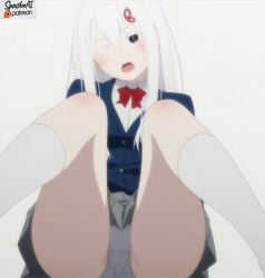 1girl ai_generated black_eyes blazer blue_jacket blush bow bowtie collared_shirt colored_eyelashes echidna_(re:zero) grey_background grey_panties grey_skirt hair_between_eyes hair_ornament head_tilt jacket kneehighs long_hair looking_at_viewer one_eye_closed open_mouth panties pantyshot pleated_skirt re:zero_kara_hajimeru_isekai_seikatsu red_bow red_bowtie school_uniform shirt simple_background sitting skirt socks solo spasibo15 thighs underwear upskirt white_background white_hair white_panties white_shirt white_socks
