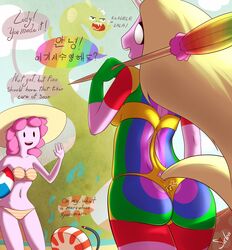 2girls adventure_time ass ass_focus bikini giantess jake_the_dog lady_rainicorn living_clothes living_suit princess_bubblegum siden sling_bikini tagme unicorn_humanoid