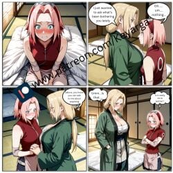 ai_generated bulge futanari intersex keyarga11222 manga manga_page manga_style naruto naruto_(series) naruto_shippuden parody sakura_haruno senju_tsunade text text_bubble tsunade tsunade_(naruto) tsunade_senju