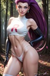1girls ai_generated artist_name bare_shoulders black_gloves blue_eyes blurry_background breasts closed_mouth crop_top earrings elbow_gloves forest gloves hair_slicked_back hand_on_own_hip hi_res jessie_(pokemon) jewelry lips long_hair looking_at_viewer medium_breasts midriff nature navel nintendo outdoors panties patreon_logo patreon_username pokemon pokemon_rgby progenarts purple_hair realistic solo team_rocket team_rocket_uniform thighhighs thighs toned underwear watermark web_address white_panties white_thighhighs