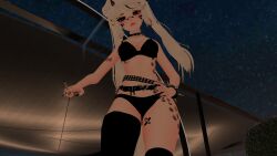 belts bikini cigarette horns standing standing_over_viewer tattoos thighhighs twintails viewer_pov vrchat vrchat_avatar vrchat_model white_hair