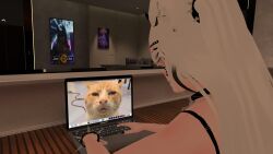 feline horns meme on_computer shitpost spiked_bracelet stupid using_computer vrchat vrchat_avatar white_hair
