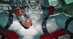 2_horns animal_genitalia animal_penis anthro anus arm_cuffs athletic bdsm blue_eyes blush bodily_fluids bondage_chair bondage_furniture breath canine_genitalia canine_penis chair cuff_(restraint) dragon drooling erection front_view furniture genital_focus genitals hair hands_behind_head hi_res horn hybrid_genitalia hybrid_penis knot laboratory lactating leg_cuffs li_yu male male_lactation mythological_creature mythological_scalie mythology nipple_suckers nude on_chair one_eye_closed one_eye_half-closed open_mouth panting penile penis penis_focus penis_milking penis_milking_machine reclining restraints sackless saliva scalie screen sitting solo spread_legs spreading white_hair