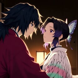 emon_slayer kimetsu_no_yaiba ai_generated artist_request kochou_shinobu tomioka_giyuu giyushino male female male/female female/female 1boy 1boy1girl 1girl 1girl1boy male_on_female straight hetero heterosexual couple lovers black_hair butterfly_hair_ornament passionate blush blushing blush_lines clothed clothed_female clothed_male fully_clothed looking_at_partner staring staring_at_another staring_at_partner romantic_couple romantic_sex romantic_night romantic_gazing staring_into_eyes loving_gaze about_to_have_sex imminent_sex wanting_more wanting_sex wanting_fucked bedroom