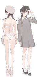 1girl ama_mitsuki ankle_socks ass back backpack bag beret bikini black_hair black_hat black_shoes braid commentary_request dress full_body grey_dress hat high_heels highres long_sleeves looking_at_viewer low_twin_braids medium_hair original shoes simple_background socks standing striped_clothes striped_dress swimsuit twin_braids vertical-striped_clothes vertical-striped_dress white_background white_bikini white_hat white_shoes
