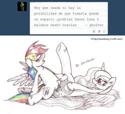 2014 alicorn blush closed_eyes cutie_mark equine female feral friendship_is_magic hair horn horse jcoshooves lying mammal multicolored_hair my_little_pony one_leg_up open_mouth pegasus pony princess_luna_(mlp) pussy pussy_juice rainbow_dash_(mlp) rainbow_hair spanish_text text tribadism tumblr wings yuri