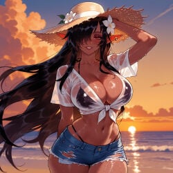 1girl clothing female breasts dark_skin pointy_ears solo bikini sunset swimsuit black_hair long_hair dark_elf denim_shorts navel tied_shirt flower denim shorts wet hair_over_one_eye elf outdoors wet_clothes dark-skinned_female shirt cleavage hat beach headwear smile straw_hat hair_ornament large_breasts short_shorts looking_at_viewer cutoffs ocean black_bikini hair_flower thighs cloud sky see-through sun_hat bikini_under_clothes elezen wet_shirt short_sleeves cowboy_shot sun torn_clothes white_shirt blush earrings jewelry lips hat_flower highleg parted_lips very_long_hair highleg_bikini collarbone evening red_eyes torn_shorts water white_flower arm_behind_back curvy thick_thighs arm_up see-through_shirt stomach ear_piercing piercing dusk midriff tan shiny_skin wide_hips front-tie_top crop_top huge_breasts cloudy_sky micro_shorts blue_shorts borrowed_character mole 1girls ai_generated voluptuous_female voluptuous curvaceous curvaceous_figure curvaceous_female curvy_figure female_focus balecxi olga_discordia kuroinu_~kedakaki_seijo_wa_hakudaku_ni_somaru~ inviting inviting_to_sex seductive seductive_look seductive_smile presenting presenting_hindquarters presenting_ass presenting_self presenting_breasts