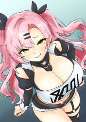 1girl black_ribbon blue_background blush breasts commentary_request crop_top earrings from_above green_eyes hair_ornament hair_ribbon hairclip heart heart_earrings heart_necklace highres hinben jewelry large_breasts long_hair looking_at_viewer micro_shorts mole mole_on_breast mole_on_thigh mole_under_eye navel necklace nicole_demara open_mouth pink_hair ribbon shorts simple_background smile solo two_side_up zenless_zone_zero