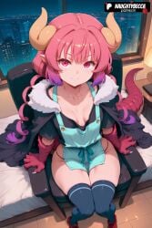 1girls 2025 ai_assisted ai_generated anime animeprds25 apron artist_name black_thighhighs blue_apron breasts breasts_apart claws closed_mouth collarbone dragon_girl dragon_horns dragon_tail from_above green_apron hi_res high_quality high_resolution highres horns ilulu ilulu_(dragon_maid) indoors kobayashi-san_chi_no_maidragon long_hair looking_at_viewer miss_kobayashi's_dragon_maid patreon_username pink_hair pointy_ears purple_hair red_eyes sitting slit_pupils small_breasts smile solo stable_diffusion tail thighhighs watermark yellow_horns