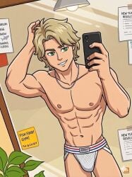 ai_generated gay jockstrap jockstrap_only lloyd_garmadon male male_only muscular muscular_male ninjago phone selfi selfie selfie_pose