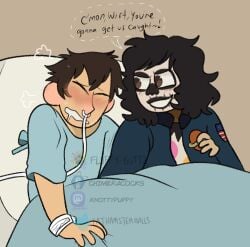 chimeracocks over_the_garden_wall sara_(otgw) wirt_(otgw) jerkingoff_another handjob sneaky_sex teasing hospital hospital_bed halloween_costume facepaint male/female