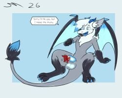 5:4 absurd_res blue_eyes cock_vore dirtymac dragon dragon_wings english_text fur genitals grey_body grey_fur hi_res horn long_tail male micro micro_prey mythological_creature mythological_scalie mythology penile penis scalie semi-anthro tail text vore white_body white_fur