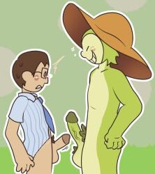 2boys blush blushing brown_hair clodhopper_pickens cock_shock comparing comparing_penis confident coulromepink coworkers farmer flora_fauna glasses green_skin hands_on_hips human_on_humanoid leaf_pubes male male/male nervous non-human orange_hat penis penis_comparison pubic_hair rhythm_heaven size_difference smaller_male smile smiling_at_partner stomp_farmer_(rhythm_heaven) surprised sweat sweating tie work_uniform