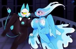 4_toes 5_toes anthro areola barefoot big_breasts blue_body blue_eyes blush bodily_fluids breasts butt claws darkner deltarune digital_media_(artwork) duo e-01 elemental_creature feet felid feline female female/female floating_hands genital_fluids genitals hi_res humanoid humanoid_feet kissing machine mammal miss_mizzle miss_mizzle_(deltarune) mizzle_(deltarune) multicolored_body nipples nude paws plantigrade robot sex simple_background tail tasque_manager tasque_manager_(deltarune) toe_claws toes tongue undertale_(series) vulva water water_creature white_body yellow_eyes