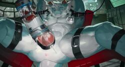 2_horns animal_genitalia animal_penis anthro anus arm_cuffs athletic blue_eyes blush bodily_fluids bondage_chair bondage_furniture breath canine_genitalia canine_penis chair cuff_(restraint) cum cum_splatter cum_strand dragon drooling ejaculation erection eyes_closed front_view furniture genital_fluids genital_focus genitals grin hair hands_behind_head hi_res horn hybrid_genitalia hybrid_penis knot laboratory lactating leg_cuffs li_yu male male_lactation mythological_creature mythological_scalie mythology nipple_suckers nude on_chair panting penile penis penis_focus penis_milking penis_milking_machine reclining restraints sackless saliva scalie screen sitting smile solo spread_legs spreading white_hair