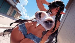 1girl clothing female pointy_ears breasts black_bra black_hair dark-skinned_female hair_over_one_eye solo tied_shirt bra dark_elf underwear dark_skin earrings jewelry long_hair shirt navel elf outdoors shorts hoop_earrings denim_shorts denim original smile white_shirt cleavage panties see-through large_breasts short_shorts thighs blush bra_visible_through_clothes dutch_angle black_panties mature_female sky wet looking_at_viewer day curvy brown_eyes midriff open_fly arm_behind_head cutoffs grin sleeveless see-through_shirt wet_clothes very_long_hair blue_sky crop_top shiny_skin thick_thighs red_eyes wide_hips lips micro_shorts wet_shirt cloud sleeveless_shirt collared_shirt open_shorts standing bare_arms tan inviting inviting_to_sex seductive seductive_look seductive_smile presenting presenting_hindquarters presenting_ass presenting_self presenting_breasts presenting_pussy 1girls ai_generated voluptuous_female voluptuous curvaceous curvaceous_figure curvaceous_female curvy_figure female_focus balecxi olga_discordia kuroinu_~kedakaki_seijo_wa_hakudaku_ni_somaru~
