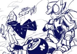 brawl_stars sirius_(brawl_stars) masked_male mask larry_(brawl_stars) lawrie_(brawl_stars) meeple_(brawl_stars) sketch wip yonojimo monochrome cape defeated cop twins robot robot_boy