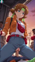 miriallia_haw gundam_seed_destiny rating:explicit penis gloves torn_clothes hetero sex pussy torn_pants vaginal 1boy brown_hair blue_eyes uncensored solo_focus spread_legs headband smile clothed_sex outdoors 1girls ai_generated artist_name artist_signature hi_res high_resolution highres kurutai subscribestar subscribestar_username