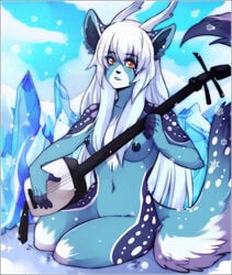 antlers blue_fur breasts cervine crystal deer female fur hair horn instrument musical_instrument navel nipples nude ookami-kun orange_eyes shamisen sitting snow solo spots white_hair