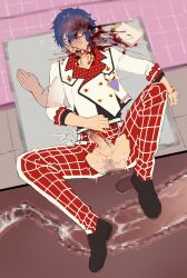 2boys absurdres anal black_choker black_shirt blood blue_hair blue_pubic_hair bracelet buttons censored censored_guro censored_penis choker clipboard colored_pubic_hair commentary corpse cross-section cum cum_in_ass death deathgasm disembodied_hand disembodied_penis double-breasted drooling dying ejaculation ensemble_stars! ero_guro grid_print guro hair_between_eyes handsfree_ejaculation highres holding holding_pen jacket jewelry lying male_death male_focus male_penetrated male_pubic_hair mosaic_censoring multiple_boys murder nosebleed nullchan official_alternate_costume on_back on_table open_mouth pants pen penis polka_dot pubic_hair raised_inner_eyebrows red_pants sazanami_jun sex shirt short_hair solo_focus spread_legs sweat table tears three-quarter_sleeves tongue tongue_out torn_clothes torn_pants twitching white_jacket yaoi yellow_eyes yukadon