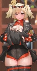 1girls 2026 2d 2d_(artwork) bare_thighs black_jacket black_skirt blonde_hair blush burnice_white clothed clothing color colored digital_media_(artwork) dress female female_only front_view fully_clothed glasses glasses_on_head hair hi_res hoyoverse huge_thighs jacket legs light-skinned_female light_skin mihoyo rito2525 short_hair skirt skirt_up smile solo thick_thighs thighs video_game_character video_games zenless_zone_zero