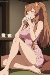 digitalwaifugallery ai_generated patreon seductive sexy uncensored watermark hi_res high_quality high_resolution raphtalia the_rising_of_the_shield_hero animal_ears 1girl tail long_hair cup closed_eyes breasts barefoot raccoon_ears brown_hair solo sitting smile raccoon_tail mug raccoon_girl large_breasts table shorts bangs teacup blush indoors web_address animal_ear_fluff bare_legs food