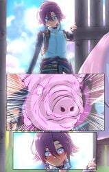 2023 blush commission gay genshin_impact green_eyes hi_res hypnosis hypnotized hypnotized_eyes imminent_bestiality mind_control not-my-business pig porcine purple_hair shikanoin_heizou zoophilia