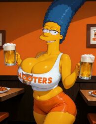 1girls 20th_century_studios ai_generated alcohol animated beer beer_mug black_eyes blue_hair bouncing_breasts breasts cleavage cleavage_overflow clothed_female disney female female_focus gif holding_object hooters hooters_uniform huge_breasts jiggle jiggling_ass jiggling_breasts large_hair looking_at_viewer marge_simpson mature_female midriff milf navel plump restaurant short_shorts skindentation smile solo tank_top teasing the_simpsons thick_thighs tight_clothing waitress wide_hips yellow_skin